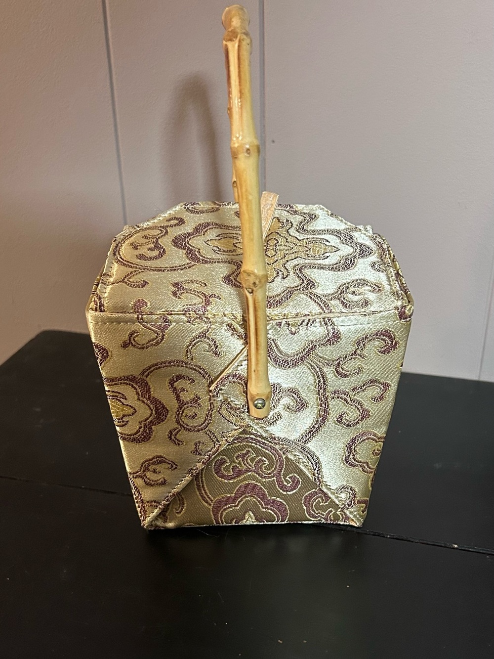 Asian Brocade Vanity Box Bamboo Handle Mirror Jewelry Sewing Trinket Box